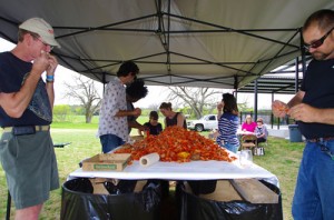 Texas Legato guests enjoying the first dump of crawfish